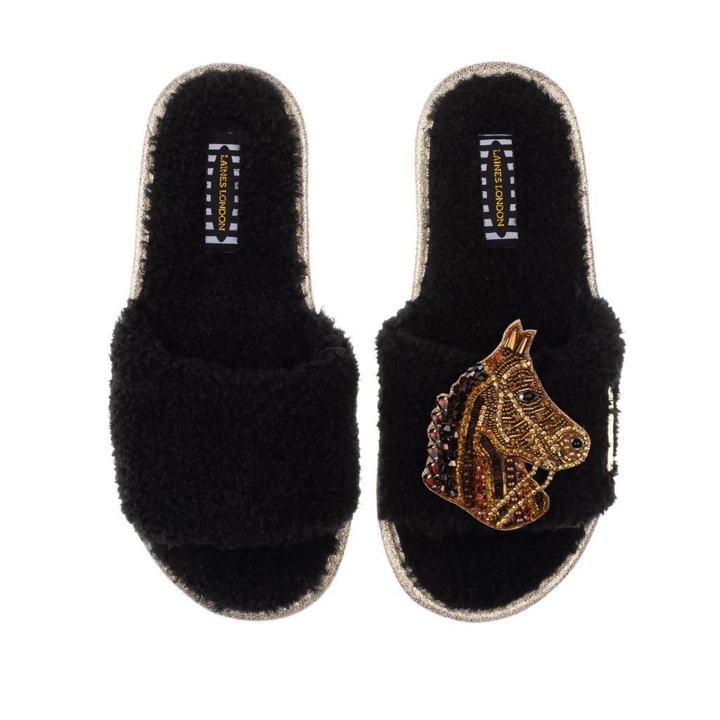 Women's Teddy Towelling Slipper Sliders With Brown Horse Brooch - Black Small LAINES LONDON