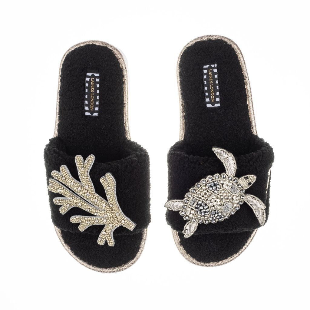 Women's Teddy Towelling Slipper Sliders With Artisan Silver Turtle & Coral Brooches - Black Small LAINES LONDON