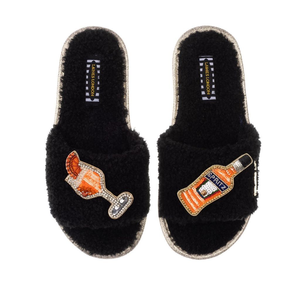 Women's Teddy Towelling Slipper Sliders With Artisan Summer Spritz Brooches - Black Small LAINES LONDON