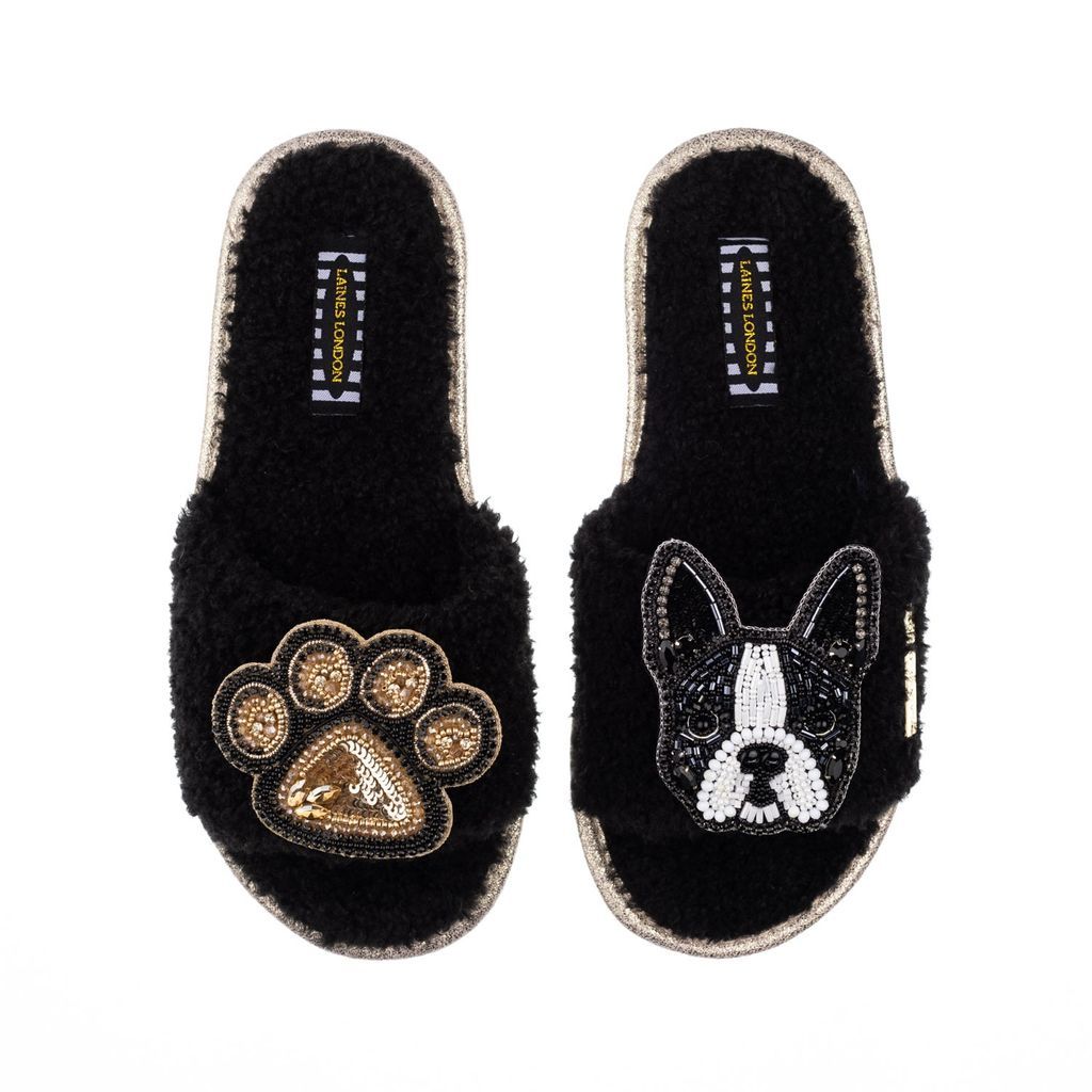 Women's Teddy Towelling Slipper Sliders With Buddy Boston Terrier & Paw Brooches - Black Small LAINES LONDON