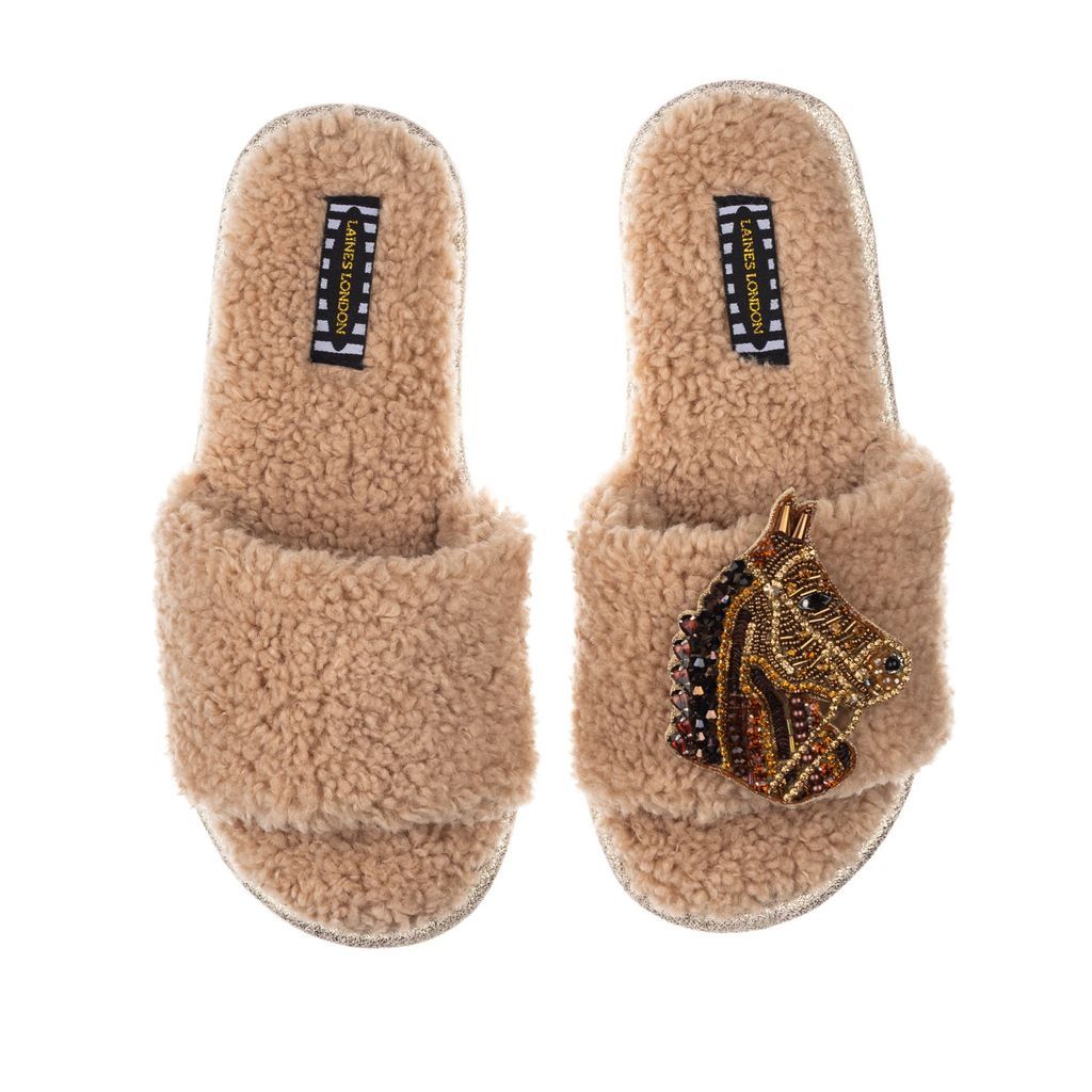 Women's Teddy Towelling Slipper Sliders With Brown Horse Brooch - Toffee Small LAINES LONDON