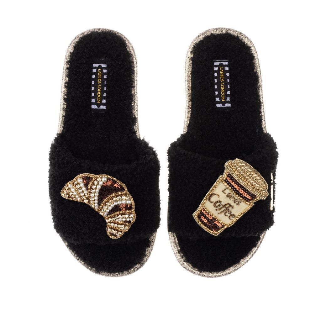 Women's Teddy Towelling Slipper Sliders With Coffee & Croissant Brooches - Black Small LAINES LONDON