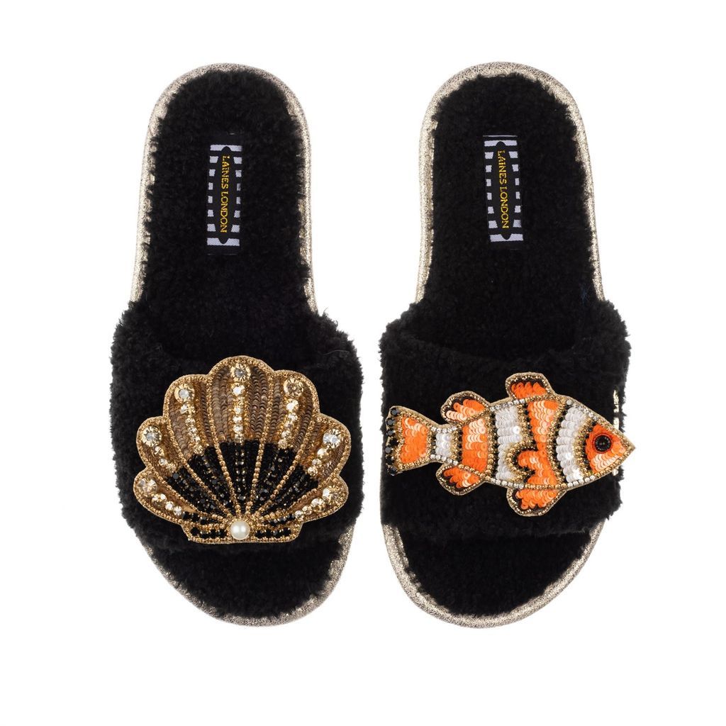 Women's Teddy Towelling Slipper Sliders With Clown Fish & Black & Gold Shell Brooches - Black Small LAINES LONDON