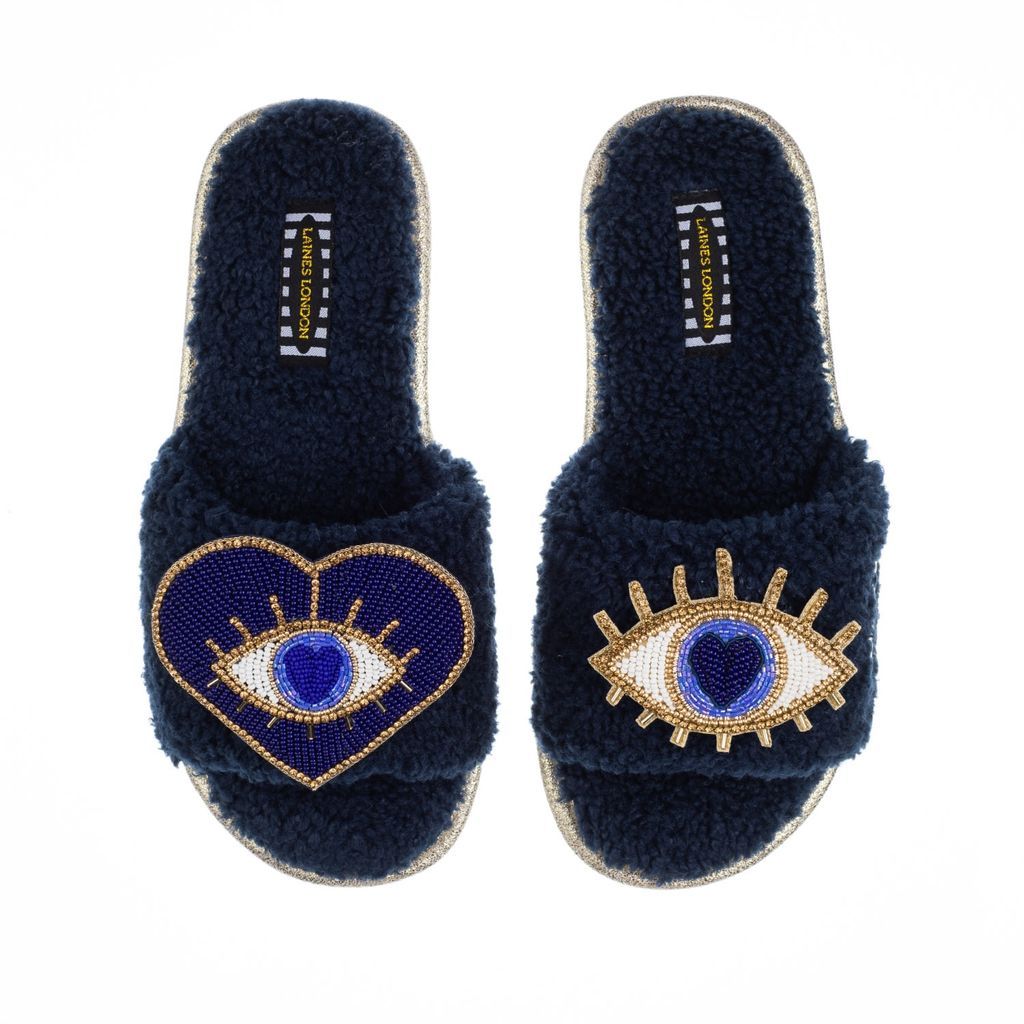 Women's Teddy Towelling Slipper Sliders With Double Blue Eye Brooches - Navy Small LAINES LONDON