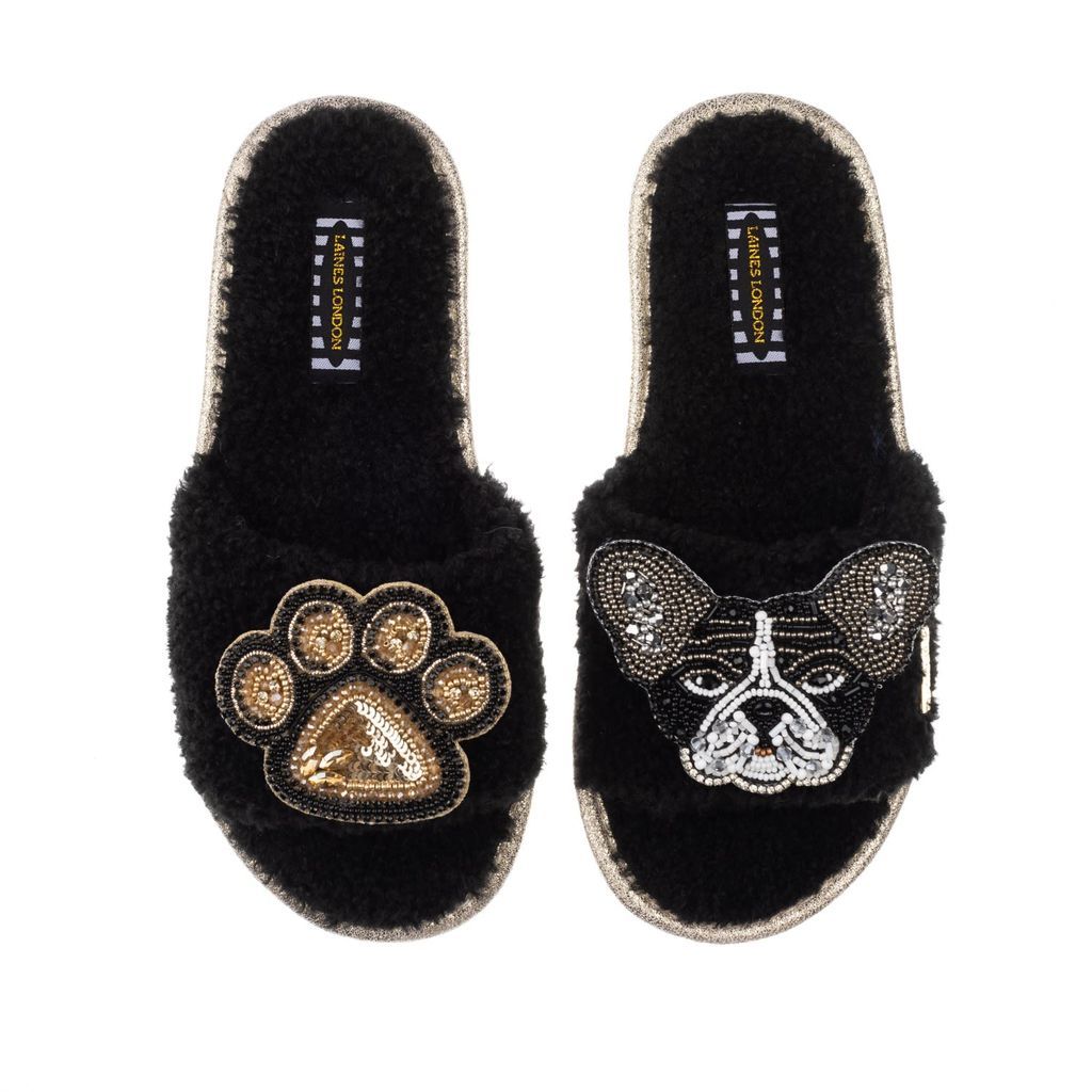 Women's Teddy Towelling Slipper Sliders With Coco & Paw Brooch - Black Small LAINES LONDON