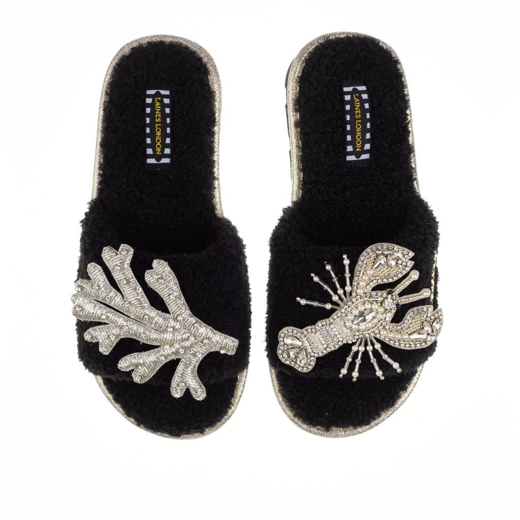 Women's Teddy Towelling Slipper Sliders With Crystal Silver Lobster & Coral Brooches - Black Small LAINES LONDON