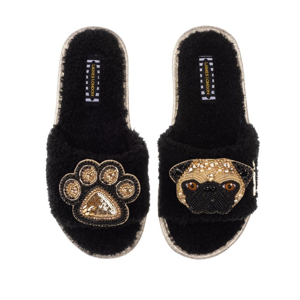 Women's Teddy Towelling Slipper Sliders With Franki & Paw Brooch - Black Small LAINES LONDON