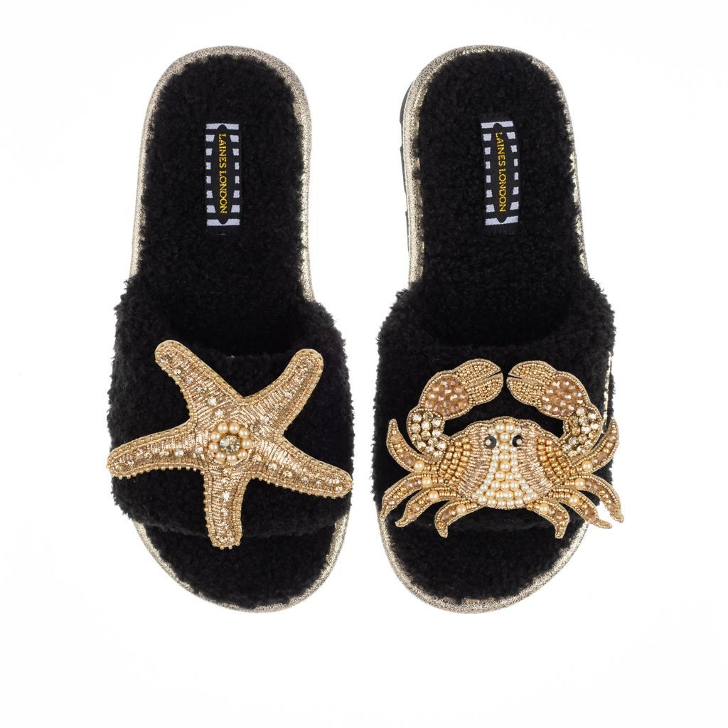 Women's Teddy Towelling Slipper Sliders With Gold Crab & Starfish Brooches - Black Small LAINES LONDON