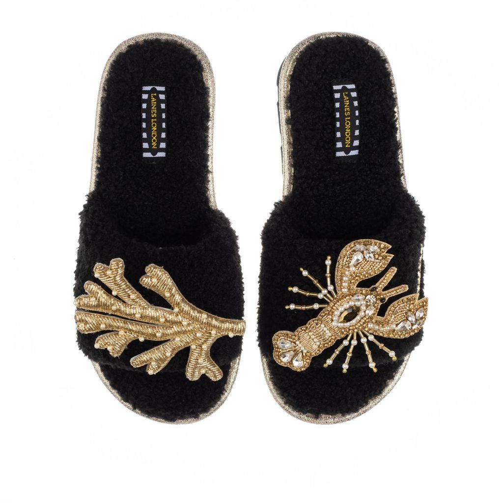 Women's Teddy Towelling Slipper Sliders With Gold Pearl Lobster & Coral Brooches - Black Small LAINES LONDON