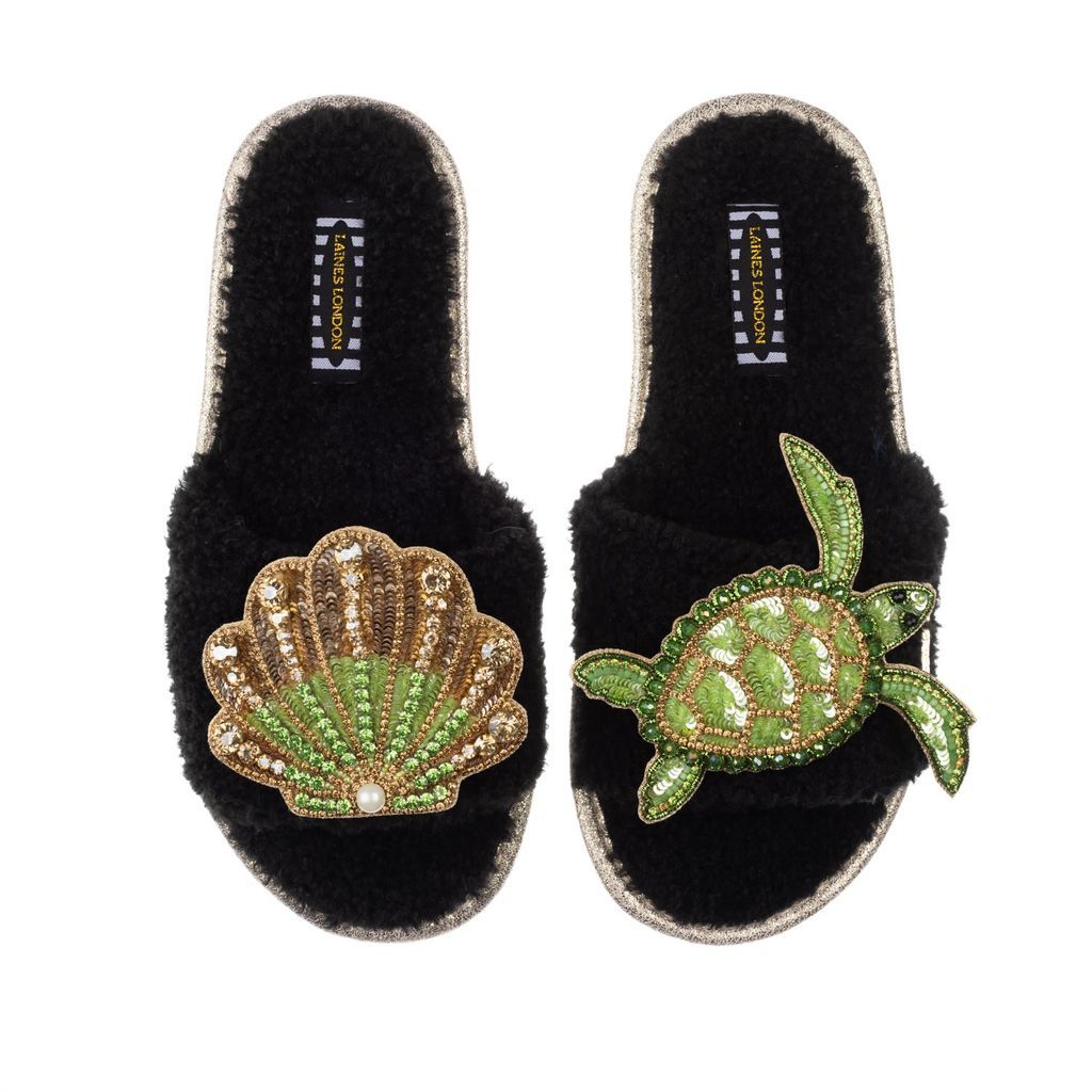 Women's Teddy Towelling Slipper Sliders With Green Turtle & Green & Gold Shell - Black Small LAINES LONDON