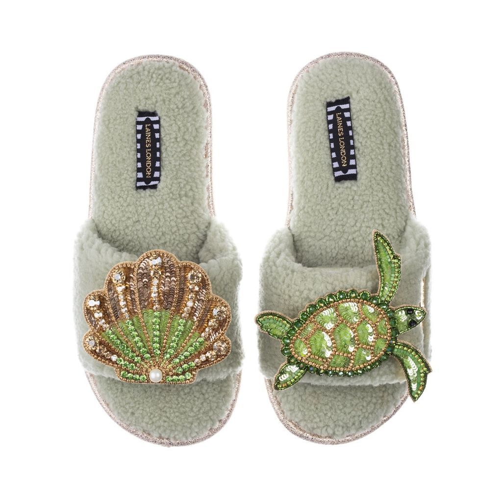 Women's Teddy Towelling Slipper Sliders With Green Turtle & Green & Gold Shell - Sage Small LAINES LONDON