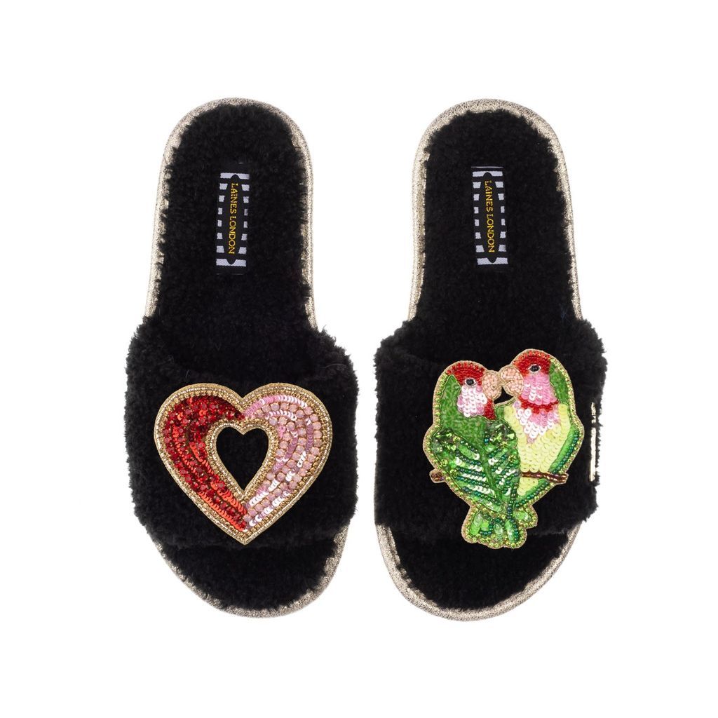 Women's Teddy Towelling Slipper Sliders With Love Birds & Heart Brooches - Black Small LAINES LONDON