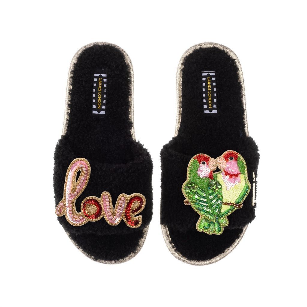 Women's Teddy Towelling Slipper Sliders With Love Birds & Love Brooches - Black Small LAINES LONDON