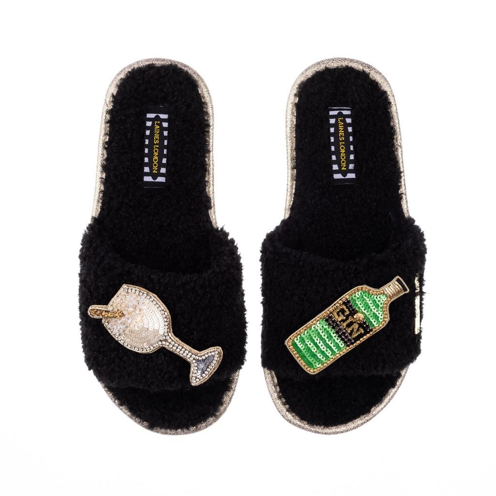 Women's Teddy Towelling Slipper Sliders With Original Gin Brooches - Black Small LAINES LONDON