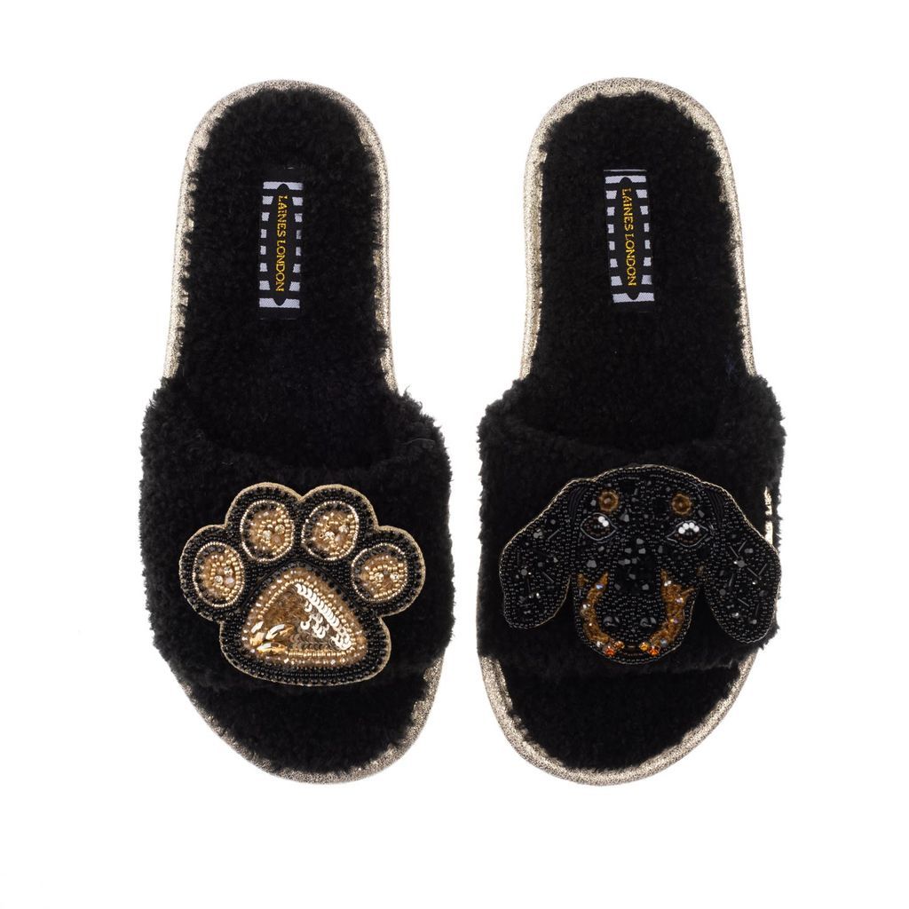 Women's Teddy Towelling Slipper Sliders With Little Sausage & Paw Brooch - Black Small LAINES LONDON