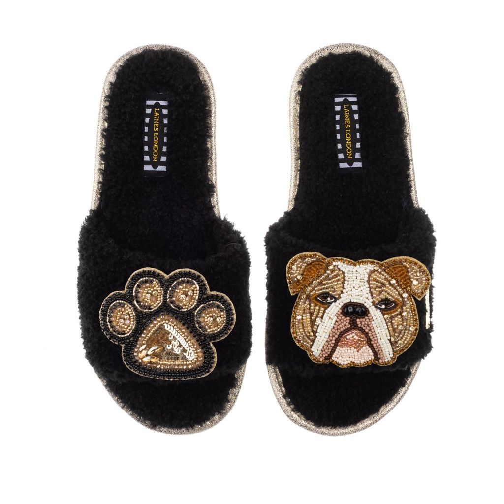 Women's Teddy Towelling Slipper Sliders With Mr Beefy & Paw Brooch - Black Small LAINES LONDON