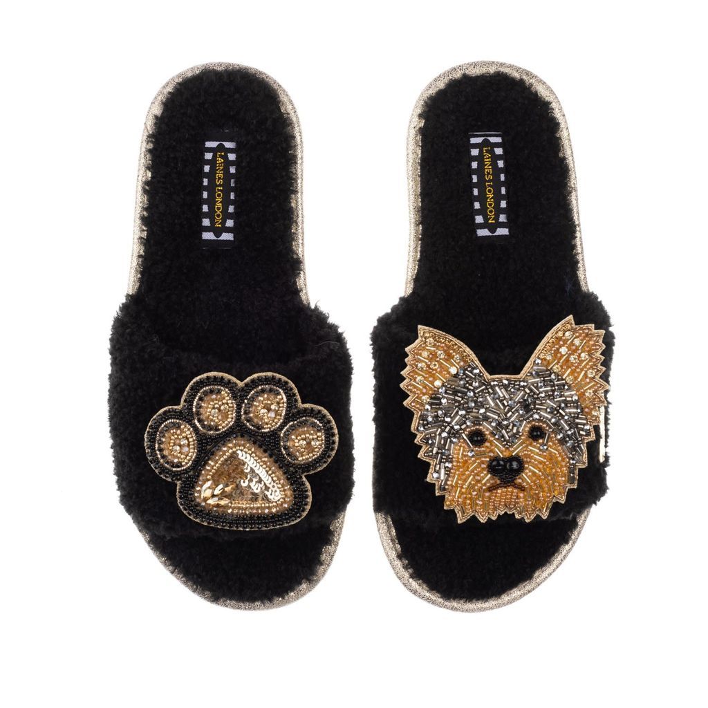 Women's Teddy Towelling Slipper Sliders With Minnie Yorkie & Paw Brooches - Black Small LAINES LONDON