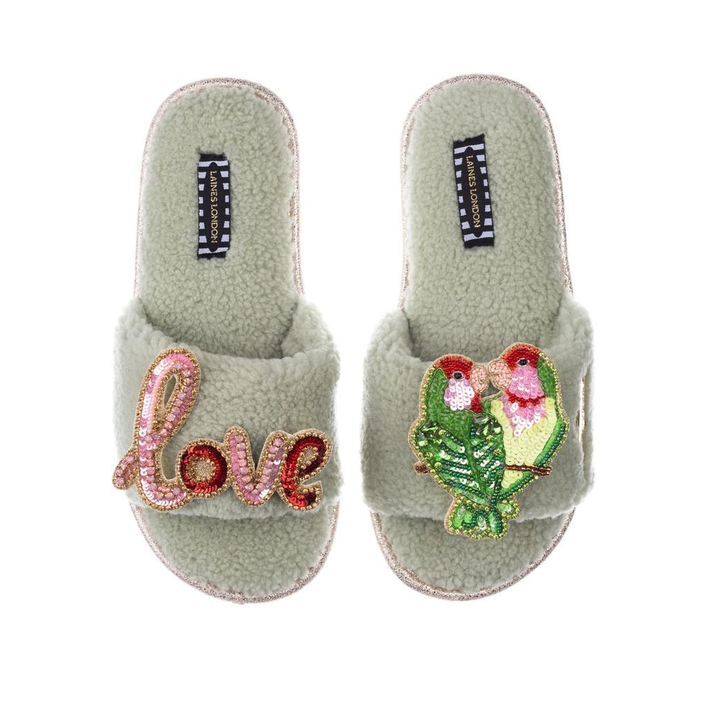 Women's Teddy Towelling Slipper Sliders With Love Birds & Love Brooches - Sage Green Small LAINES LONDON