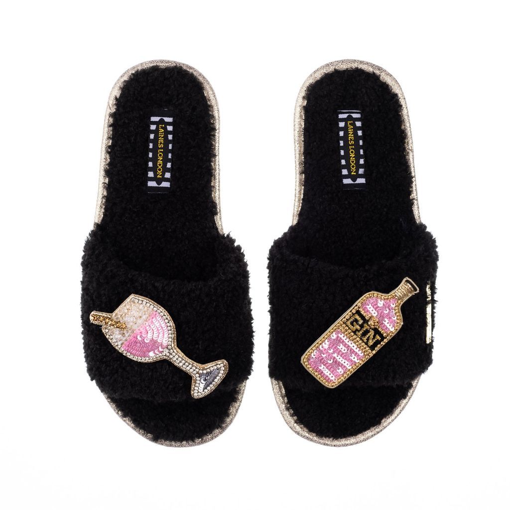 Women's Teddy Towelling Slipper Sliders With Pink Gin Brooches - Black Small LAINES LONDON