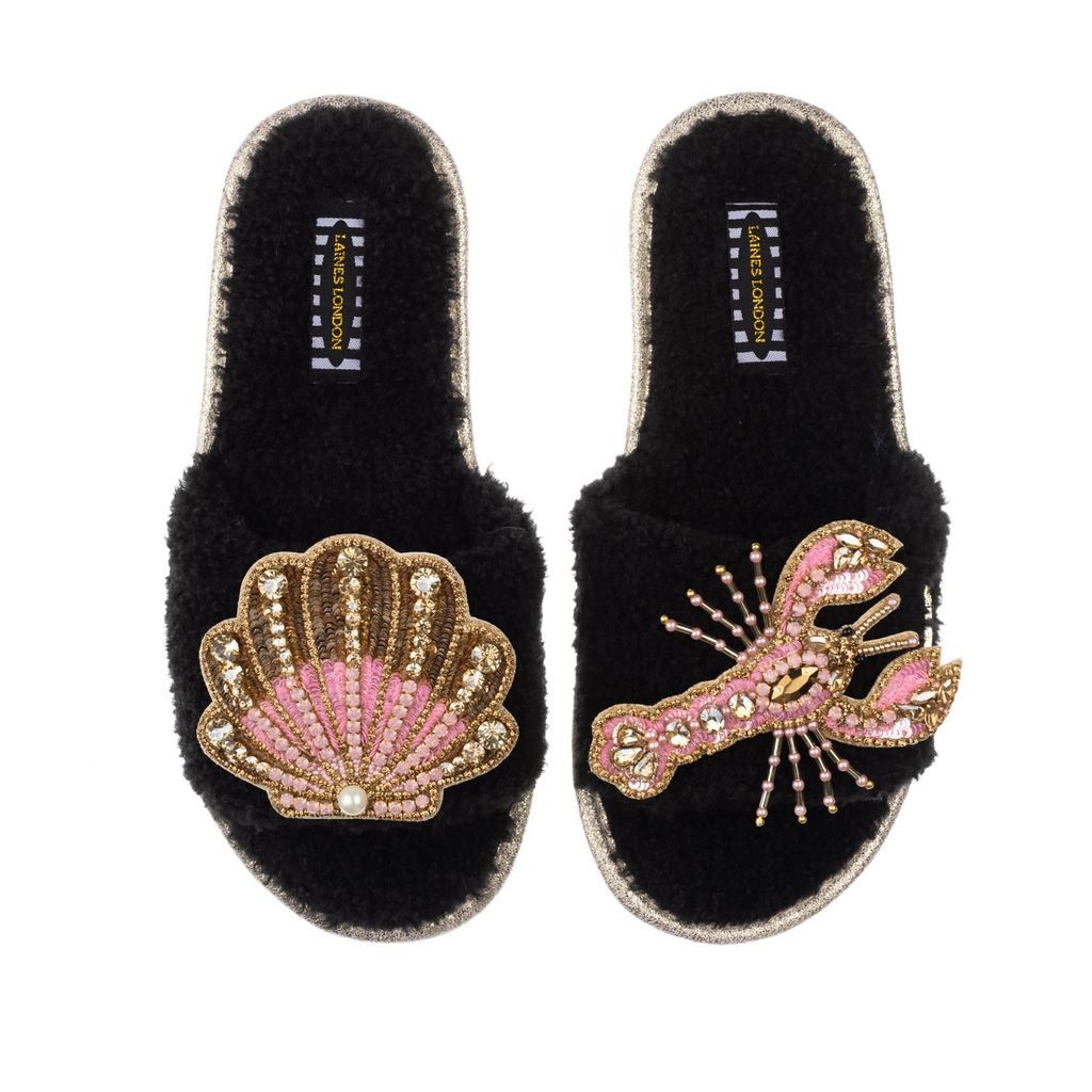 Women's Teddy Towelling Slipper Sliders With Pink Lobster & Pink & Gold Shell Brooches - Black Small LAINES LONDON