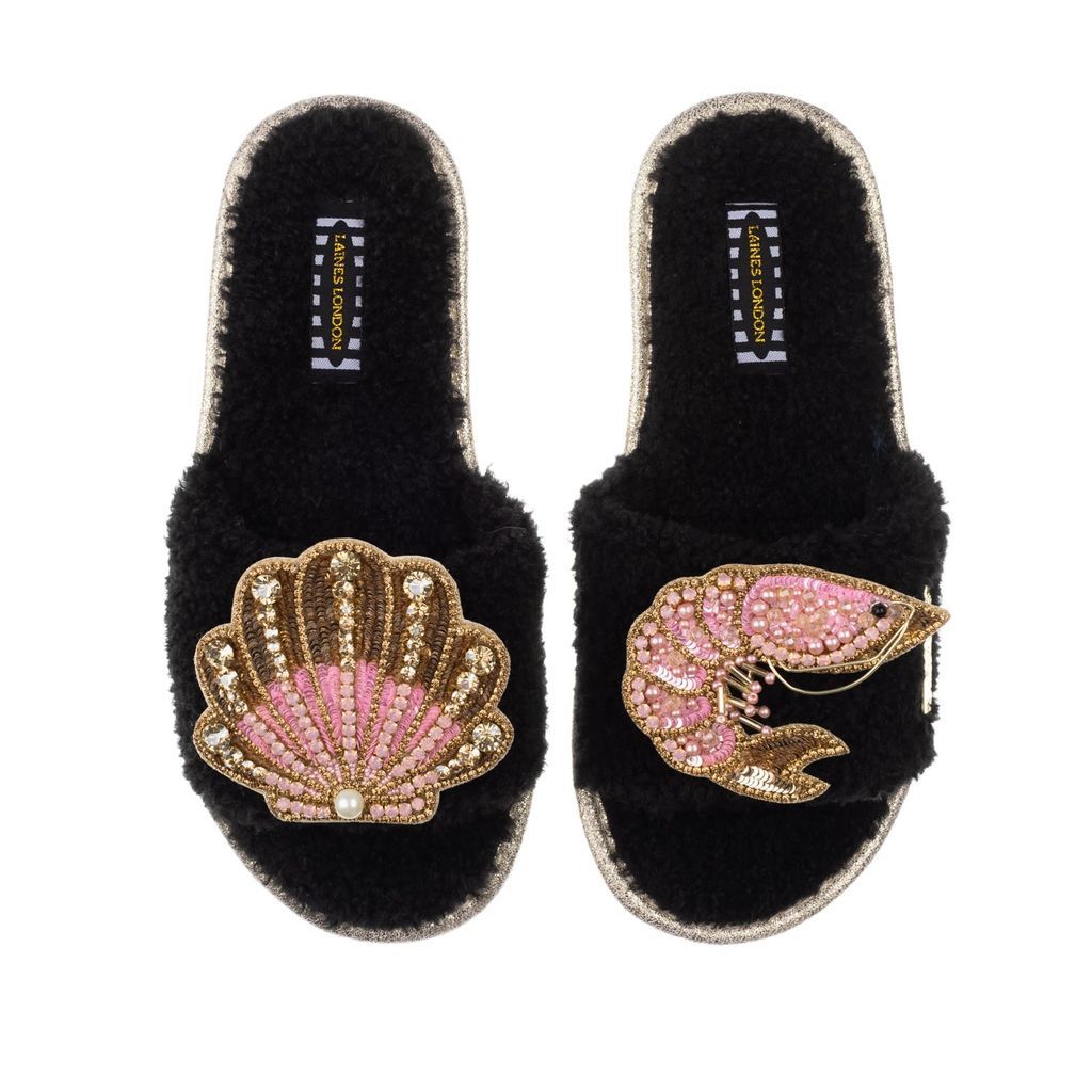 Women's Teddy Towelling Slipper Sliders With Pink Prawn & Pink & Gold Shell - Black Small LAINES LONDON