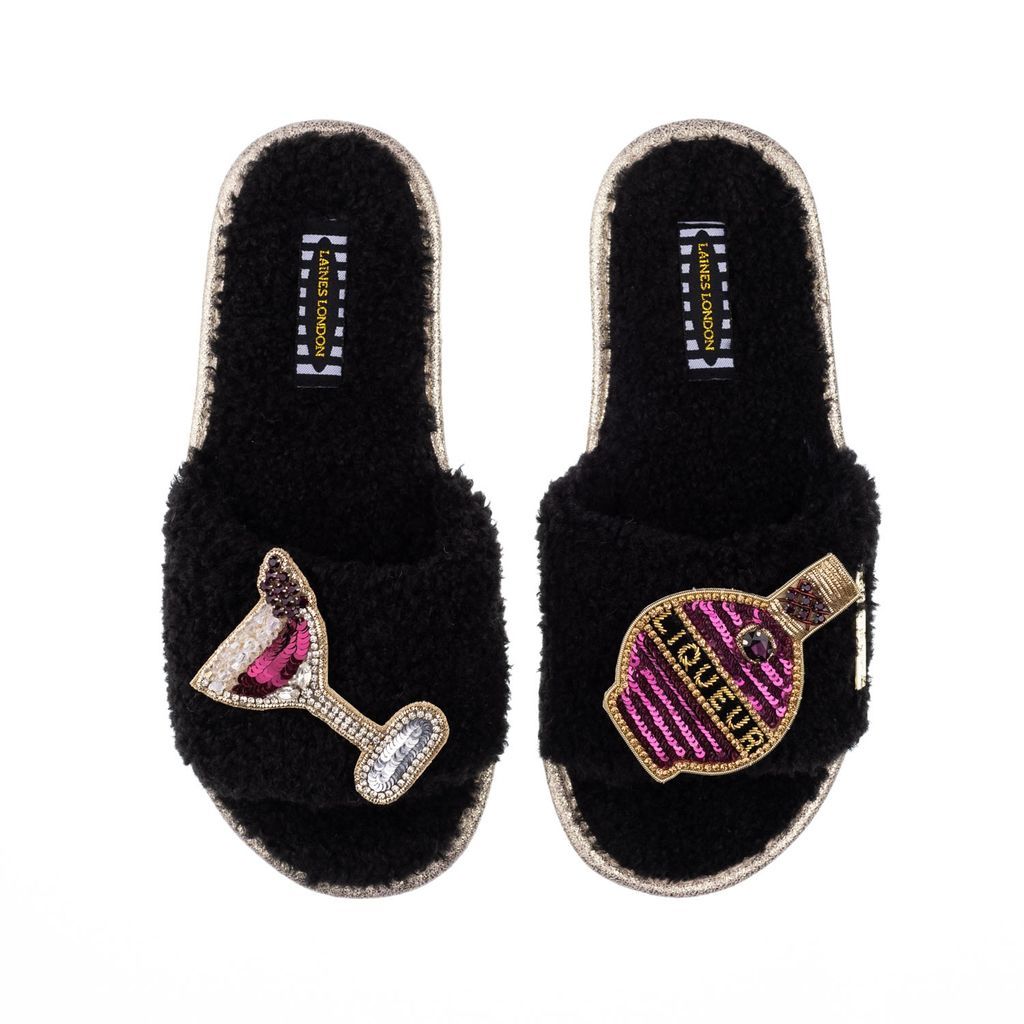 Women's Teddy Towelling Slipper Sliders With Raspberry Liqueur Brooches - Black Small LAINES LONDON