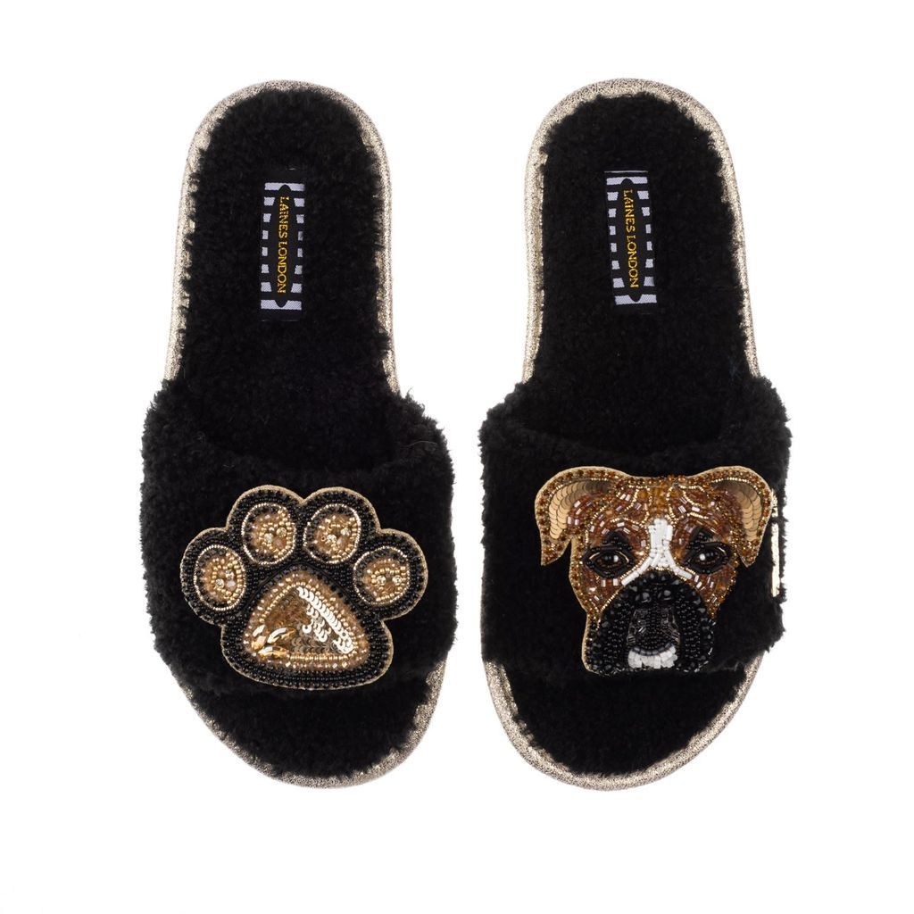 Women's Teddy Towelling Slipper Sliders With Pip The Boxer & Paw Brooches - Black Small LAINES LONDON