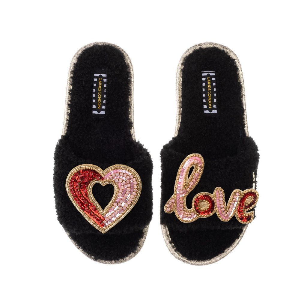 Women's Teddy Towelling Slipper Sliders With Red & Pink Love & Heart Brooches - Black Small LAINES LONDON