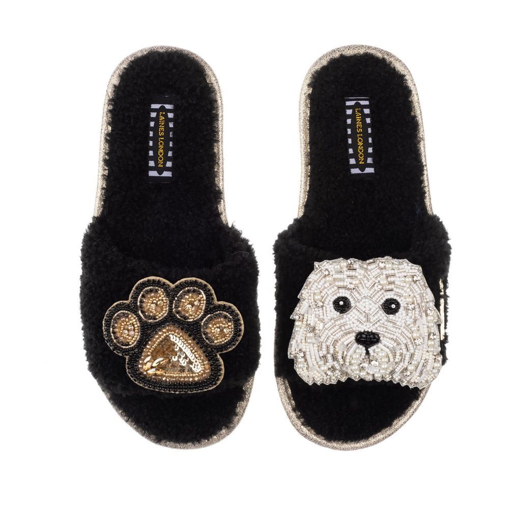 Women's Teddy Towelling Slipper Sliders With Queenie & Paw Brooch - Black Small LAINES LONDON