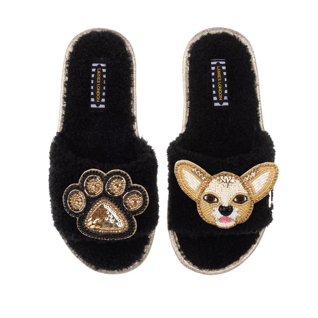 Women's Teddy Towelling Slipper Sliders With Princess Chihuahua & Paw Brooch - Black Small LAINES LONDON