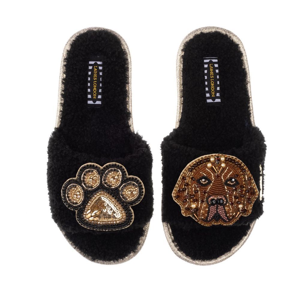 Women's Teddy Towelling Slipper Sliders With Rocco & Paw Brooch - Black Small LAINES LONDON