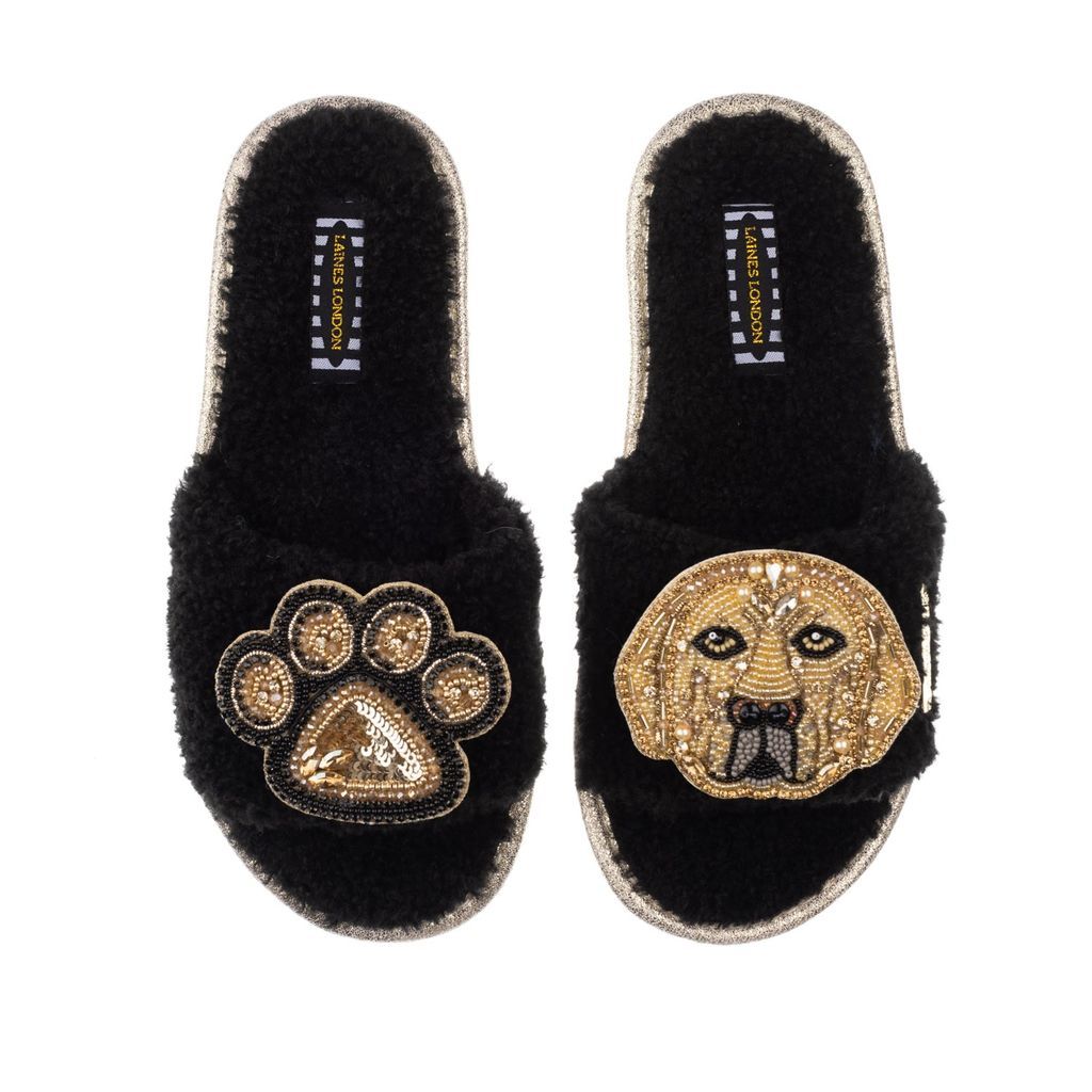 Women's Teddy Towelling Slipper Sliders With Skip & Paw Brooch - Black Small LAINES LONDON