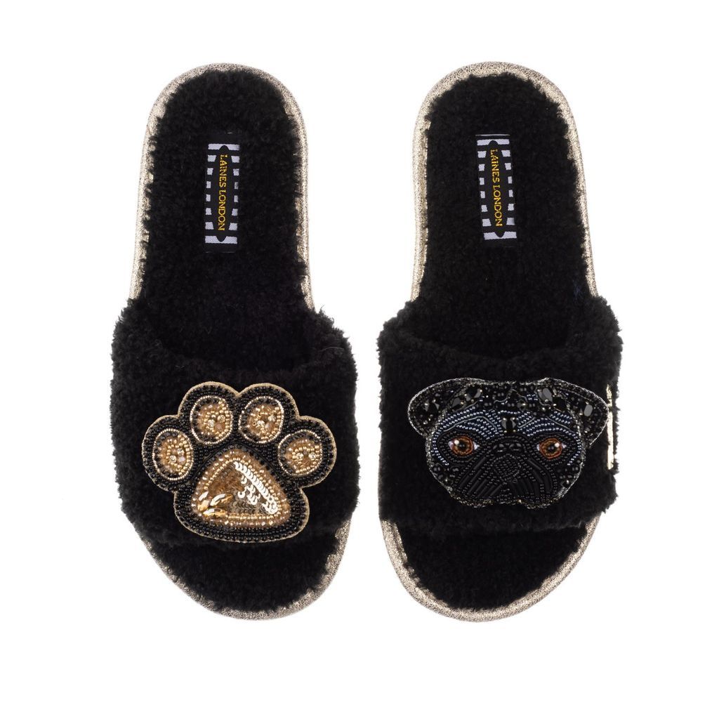 Women's Teddy Towelling Slipper Sliders With Snoopy & Paw Brooch - Black Small LAINES LONDON