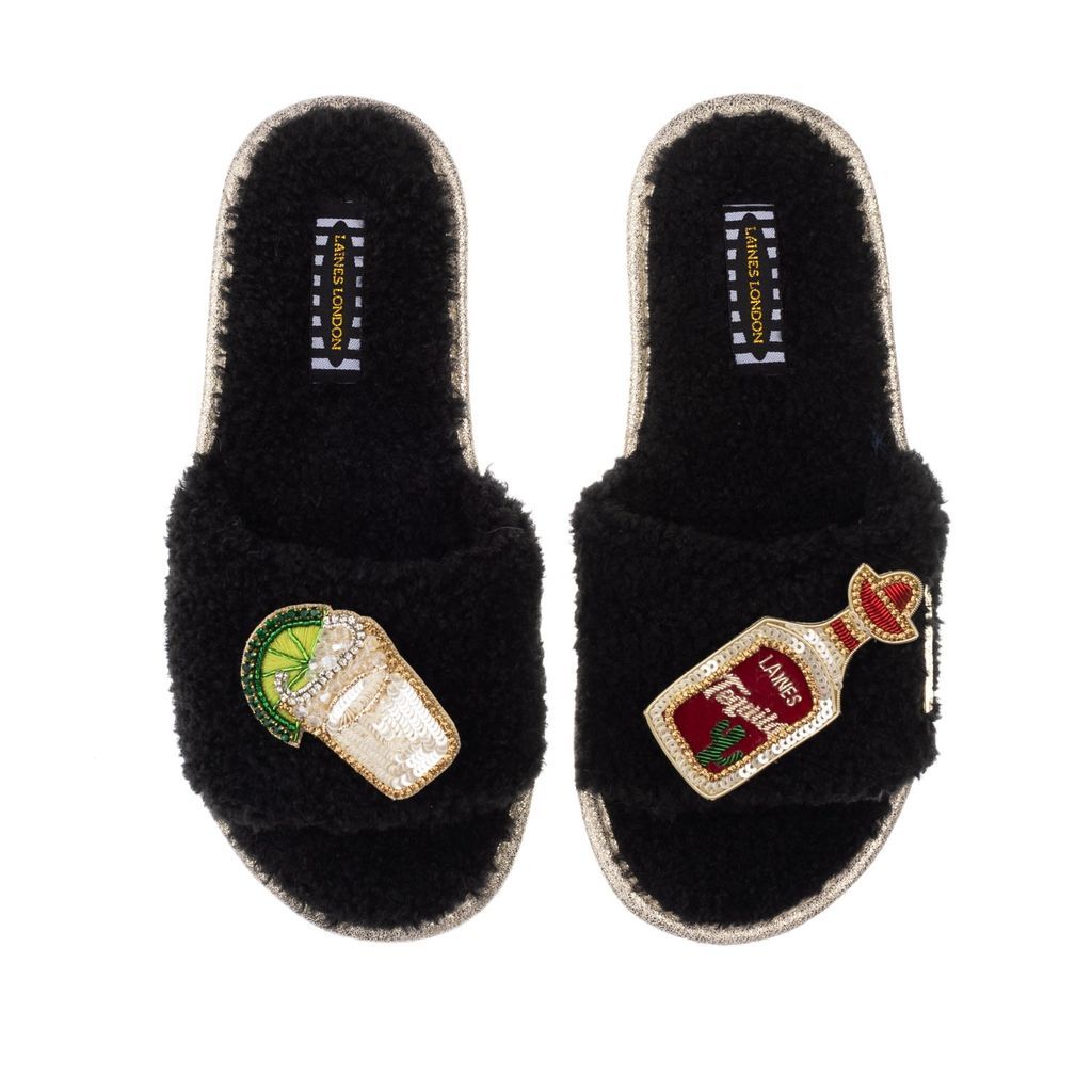 Women's Teddy Towelling Slipper Sliders With Tequila Slammer Brooches - Black Small LAINES LONDON
