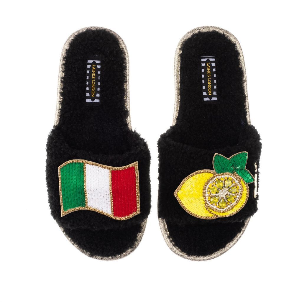 Women's Teddy Towelling Slipper Sliders With The Amalfi Brooches - Black Small LAINES LONDON