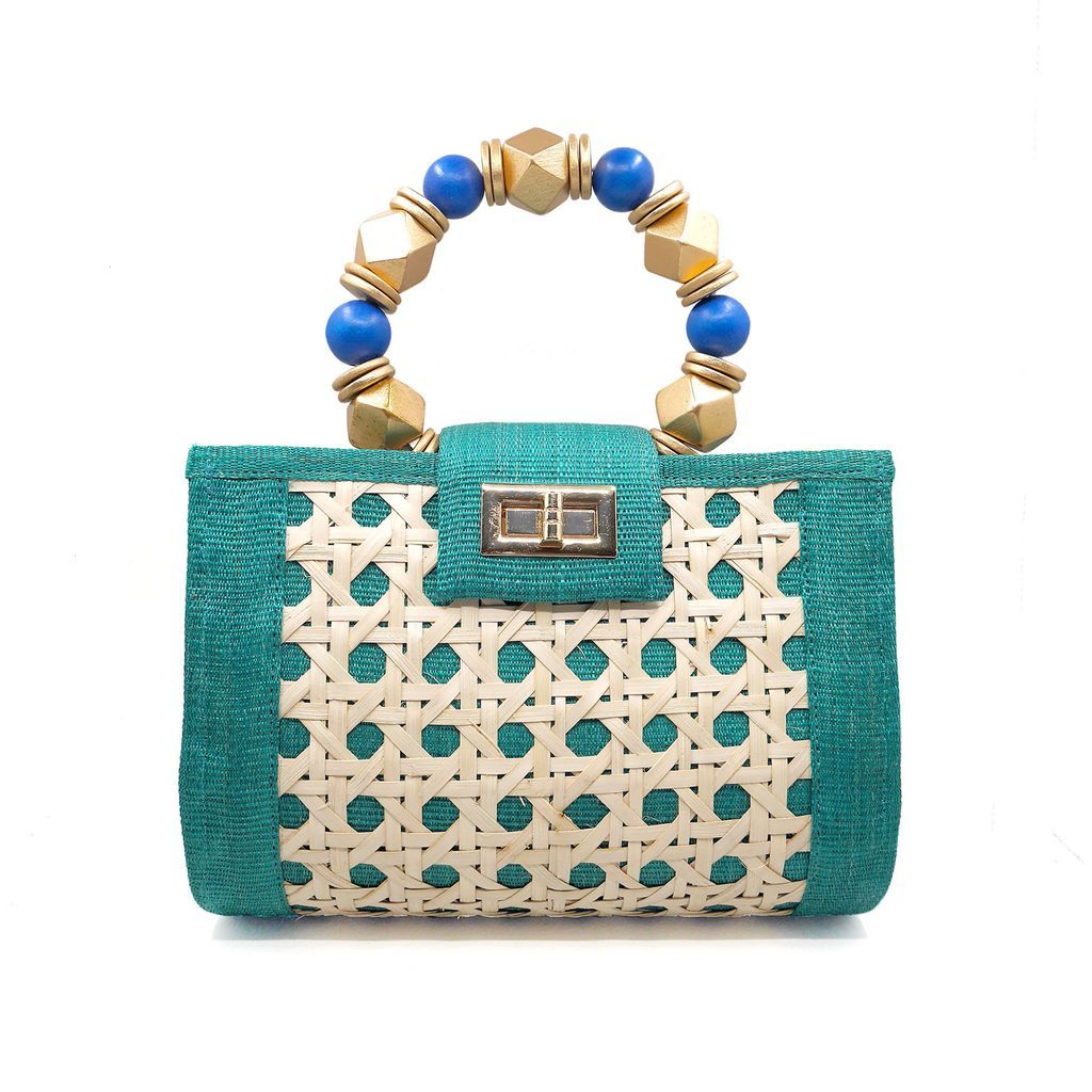 Women's The Mila Teal Green, Blue & Gold Rattan Woven Handbag Soli & Sun