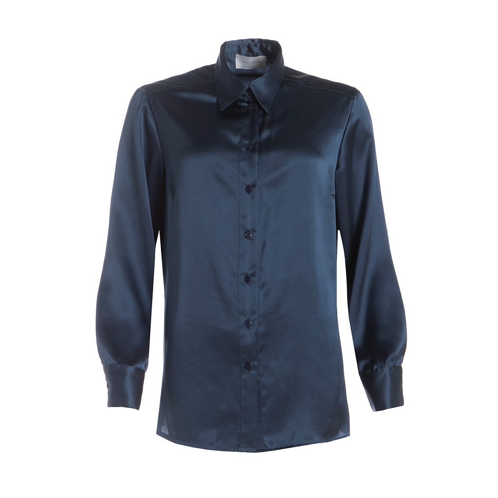 Women's The Silk Shirt In Midnight Blue Small Roses Are Red