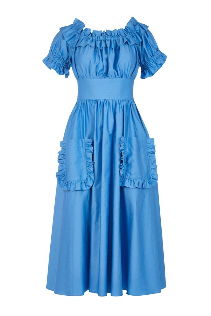 Women's The Tamsin Bardot Ruffle Dress In Cornflower Blue Cotton Xxs Lavaand