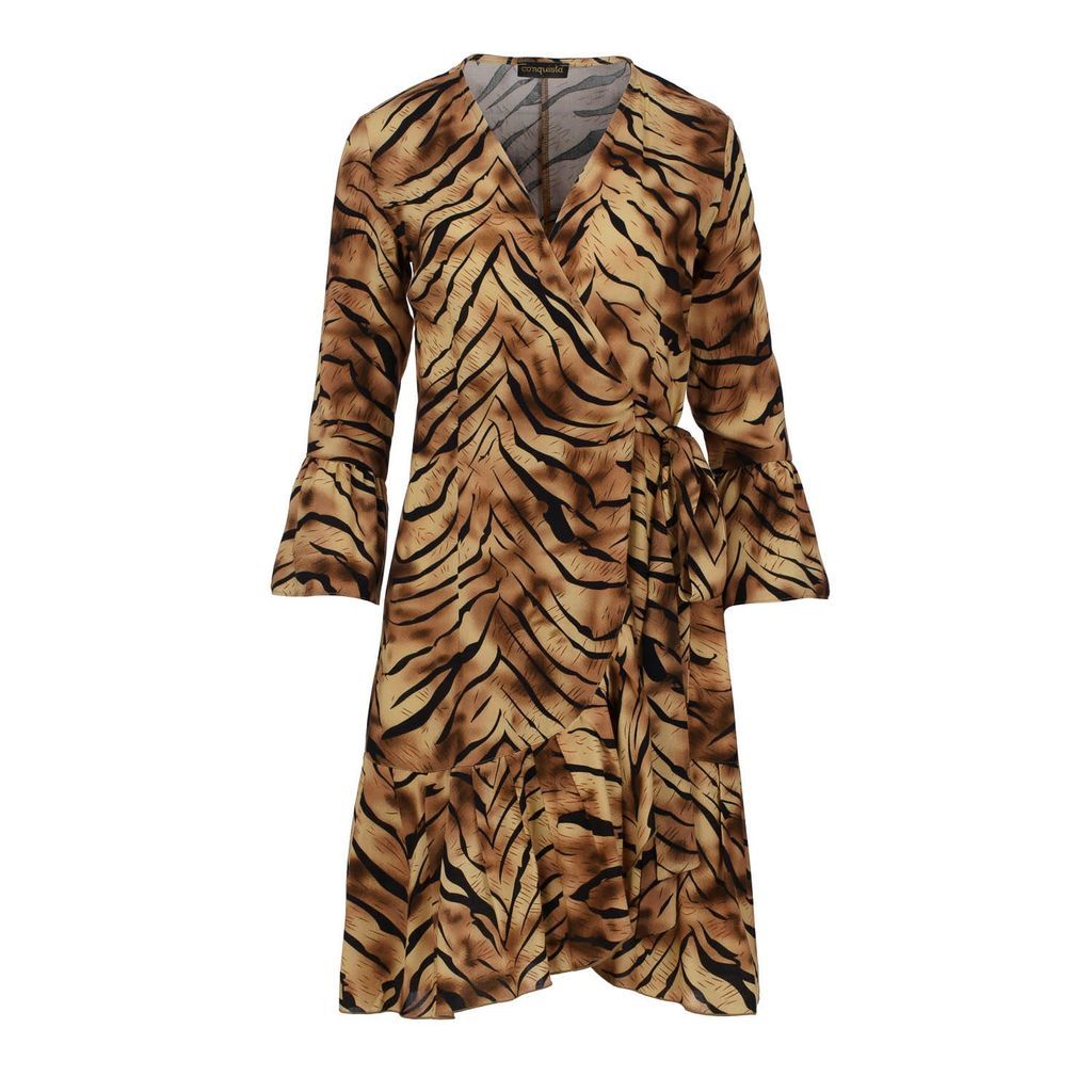 Women's Tiger Print Viscose Wrap Dress With Bell Sleeves Small Conquista