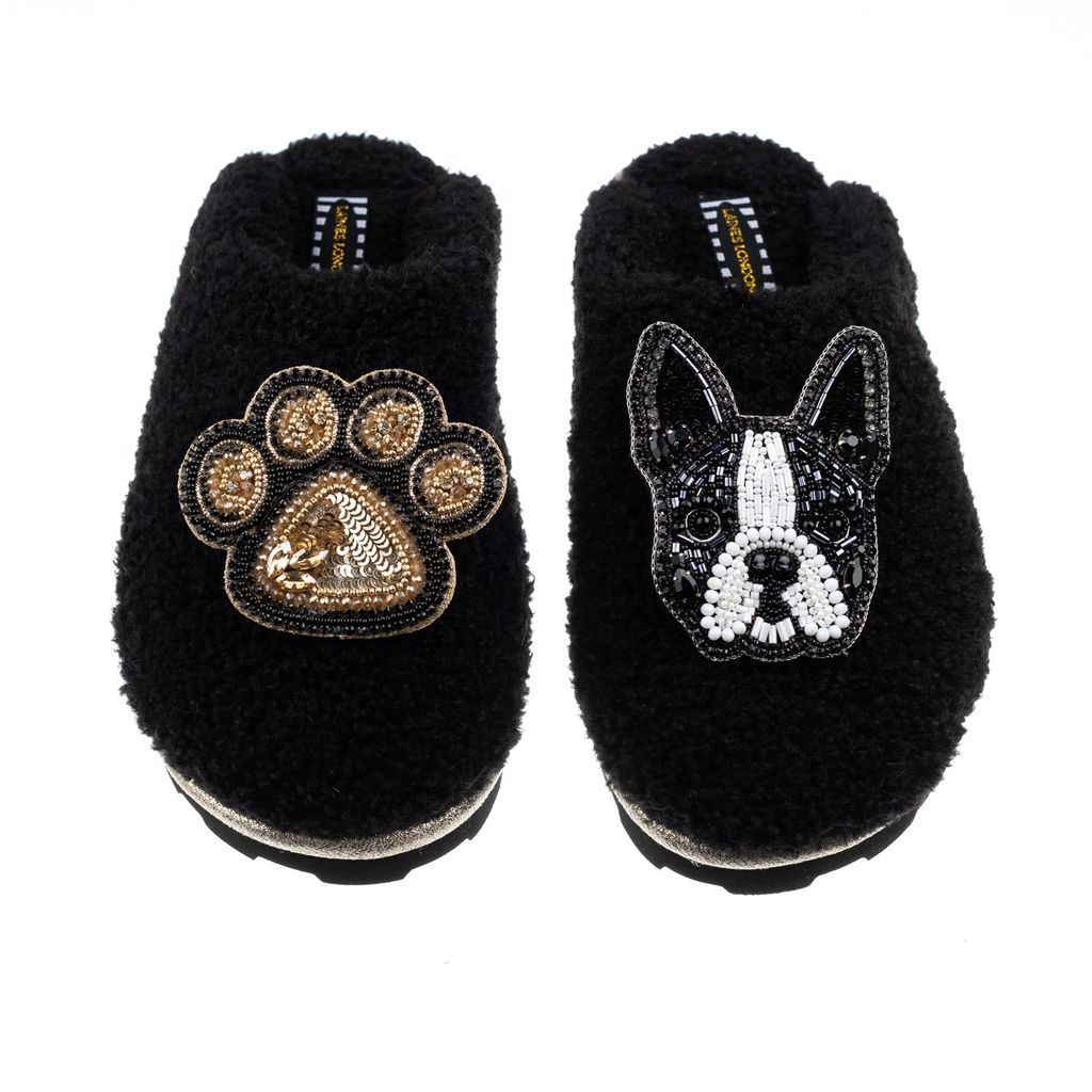 Women's Towelling Closed Toe Slippers With Buddy Boston Terrier & Paw Brooches - Black Small LAINES LONDON