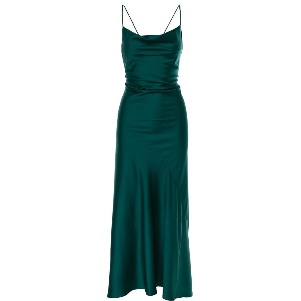 Women's Tulum Cowl Neck Satin Ankle Dress In Emerald Green M/L ROSERRY