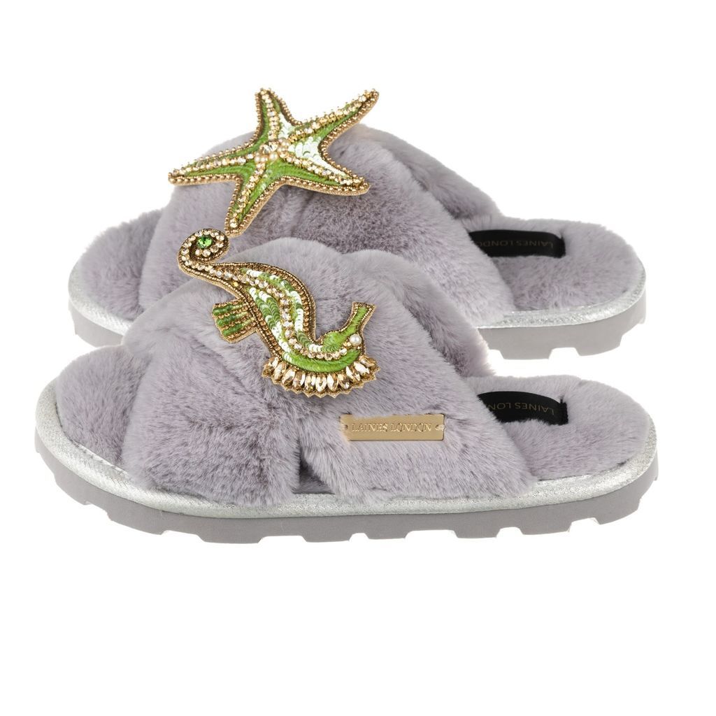 Women's Ultralight Chic Laines Slipper Sliders With Green & Gold Seahorse & Starfish - Grey Small LAINES LONDON