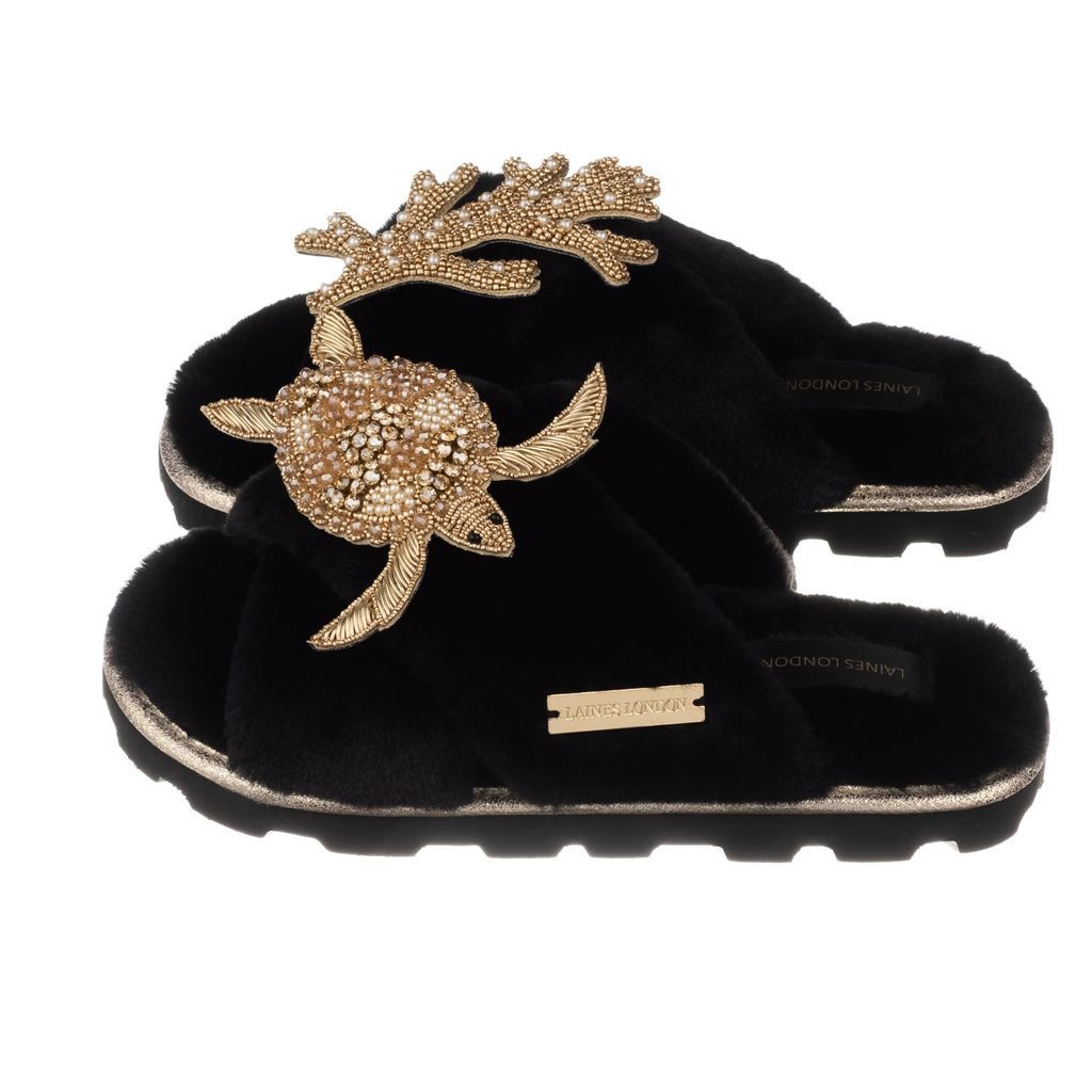 Women's Ultralight Chic Slipper Sliders With Artisan Gold Turtle & Coral - Black Large LAINES LONDON