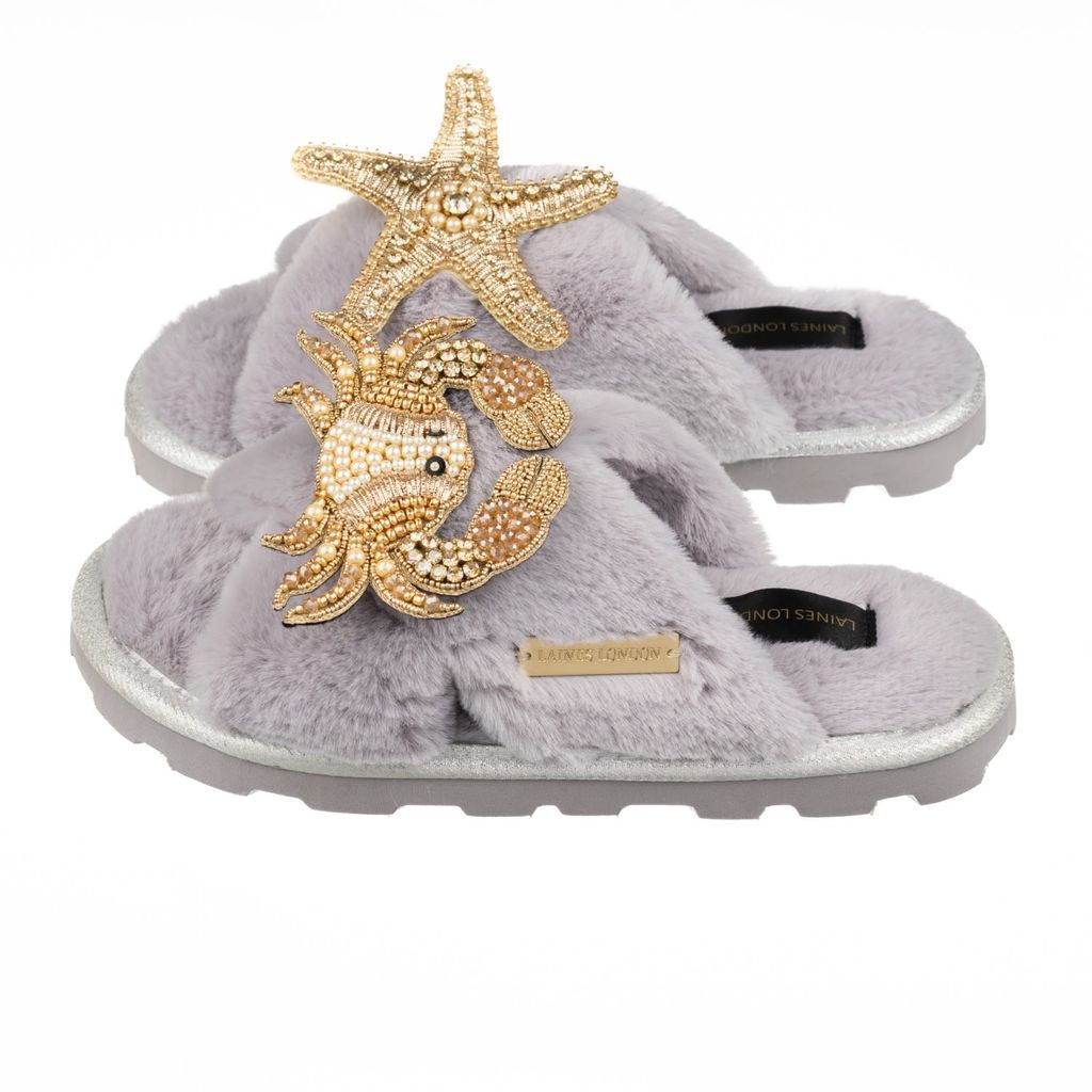 Women's Ultralight Chic Slipper Sliders With Artisan Gold Crab & Starfish Brooches - Grey Small LAINES LONDON