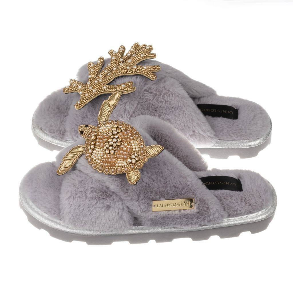 Women's Ultralight Chic Slipper Sliders With Artisan Gold Turtle & Coral - Grey Small LAINES LONDON