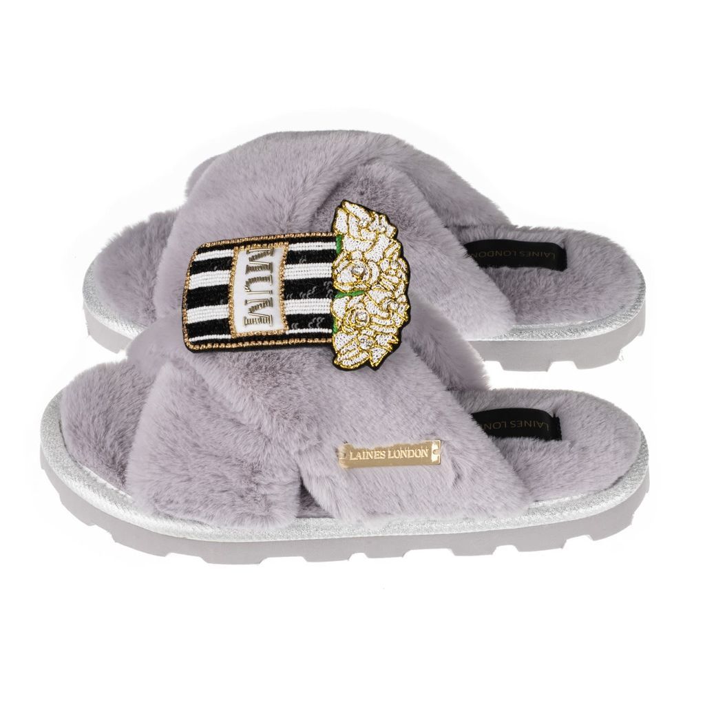 Women's Ultralight Chic Slipper Sliders With Deluxe Mum Bouquet Brooch - Grey Small LAINES LONDON