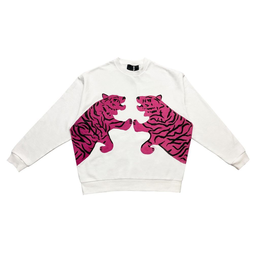 Women's Unisex White Sweatshirt With Pink Tiger Extra Small Quillattire