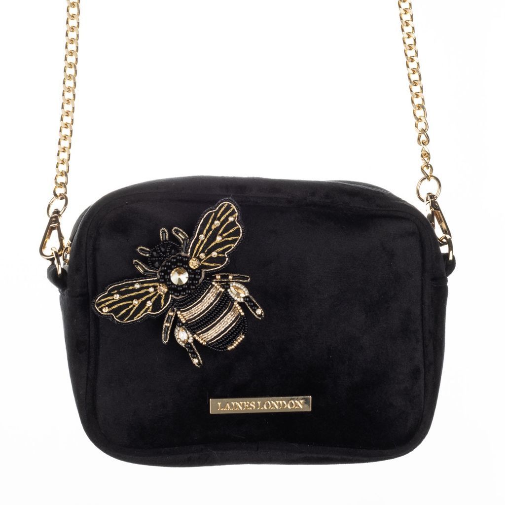 Women's Velvet Handbag With Golden Honeybee Brooch - Black One Size LAINES LONDON