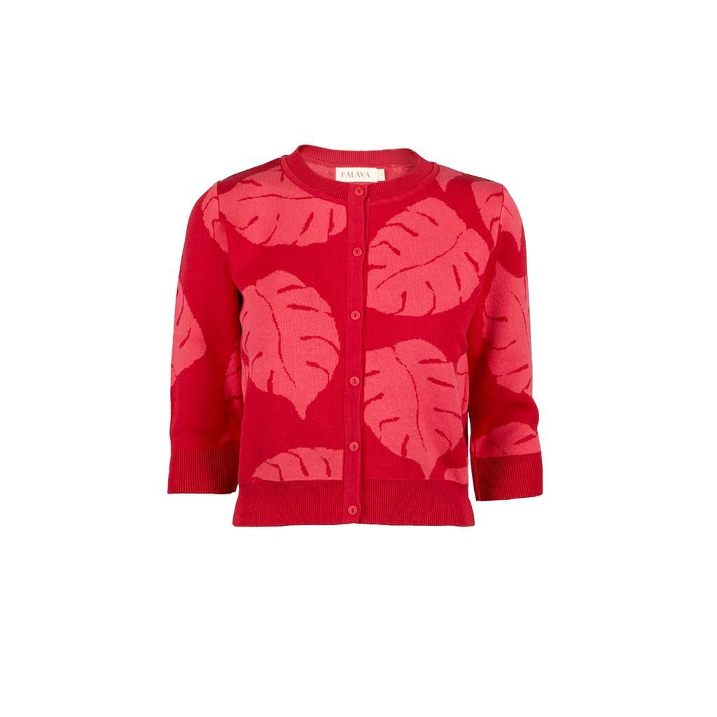 Women's Vera - Red Monstera Terrace Jacquard Cardigan - 3/4 Sleeve Extra Small Palava