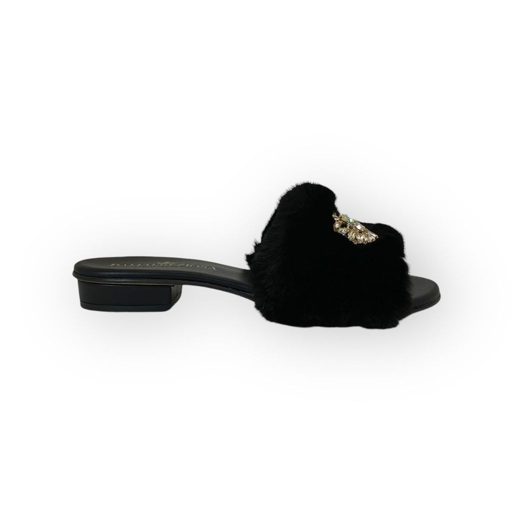 Women's Victoria Black Flat Sandal In Faux Fur With Crystals 3 Uk DAMAPREZIOSA